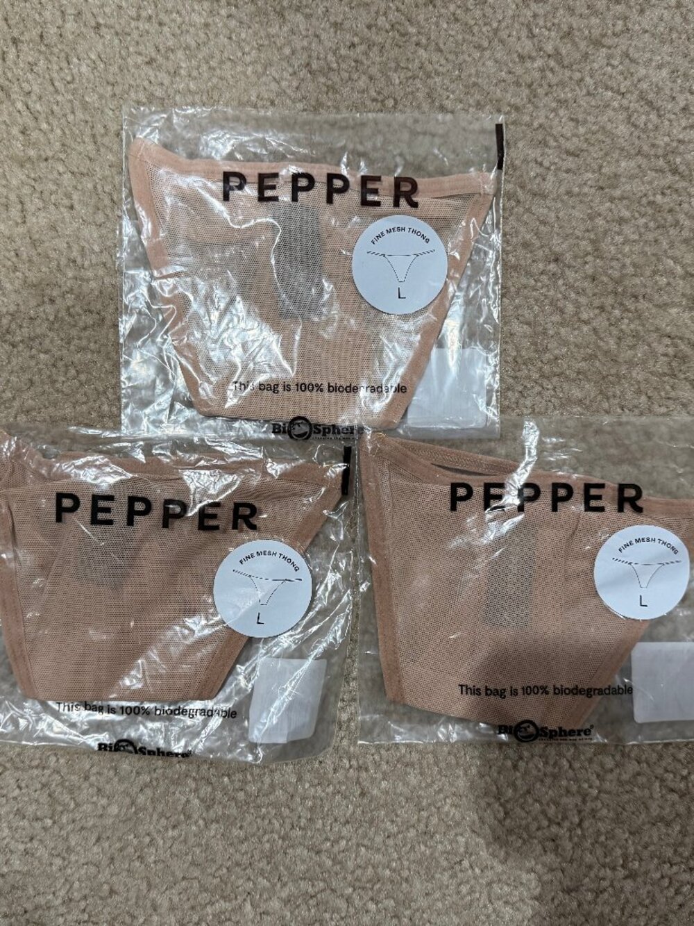 3x Pepper mesh thongs, L, Beige colors (buff and 2x fawn)